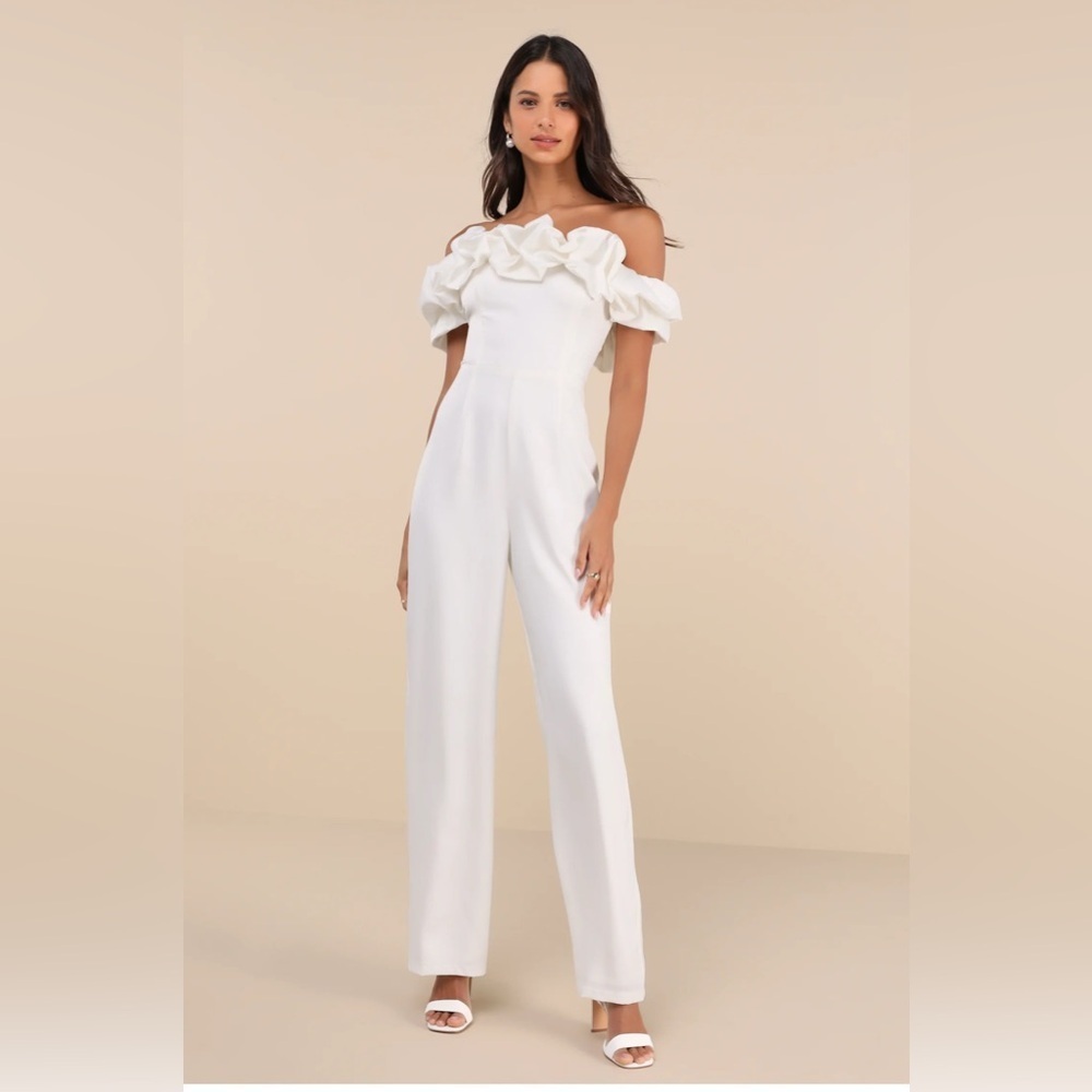 Lulus Immense Glamour White Satin Ruffled Off-the-Shoulder Jumpsuit XL New